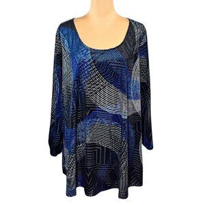 Avenue Burnout Velvet Tunic Top Sz.5XL 30-32 Blue Black Career Office Geometric